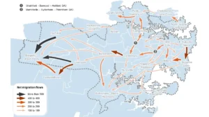 Spatial map showing Catholic net migration patterns by SA3 subregions for Sydney student enrolment forecasts and school network planning.